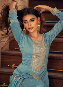 Blue Colour Embroidered Pant Style Suit
