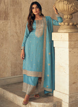 Load image into Gallery viewer, Blue Colour Embroidered Pant Style Suit
