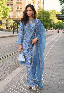 Blue Embroidered Mirror Work Palazzo Style Silk Suit