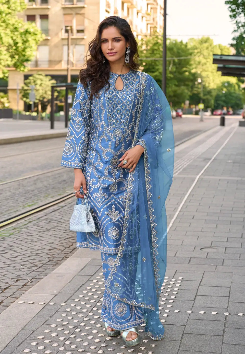 Blue Embroidered Mirror Work Palazzo Style Silk Suit