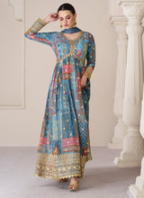 Load image into Gallery viewer, Blue Multi Colour Printed Anarkali Style Gown
