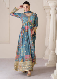 Blue Multi Colour Printed Anarkali Style Gown