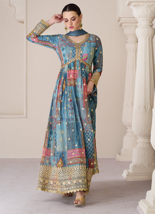 Blue Multi Colour Printed Anarkali Style Gown