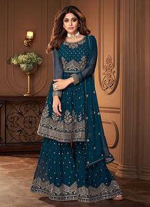 Blue and Gold Designer Embroidered Sharara Suit fashionandstylish.myshopify.com