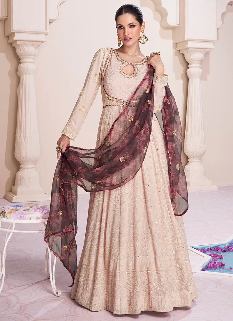 white christmas dresses Blush Nude Lucknowi Work Designer Anarkali Suit
