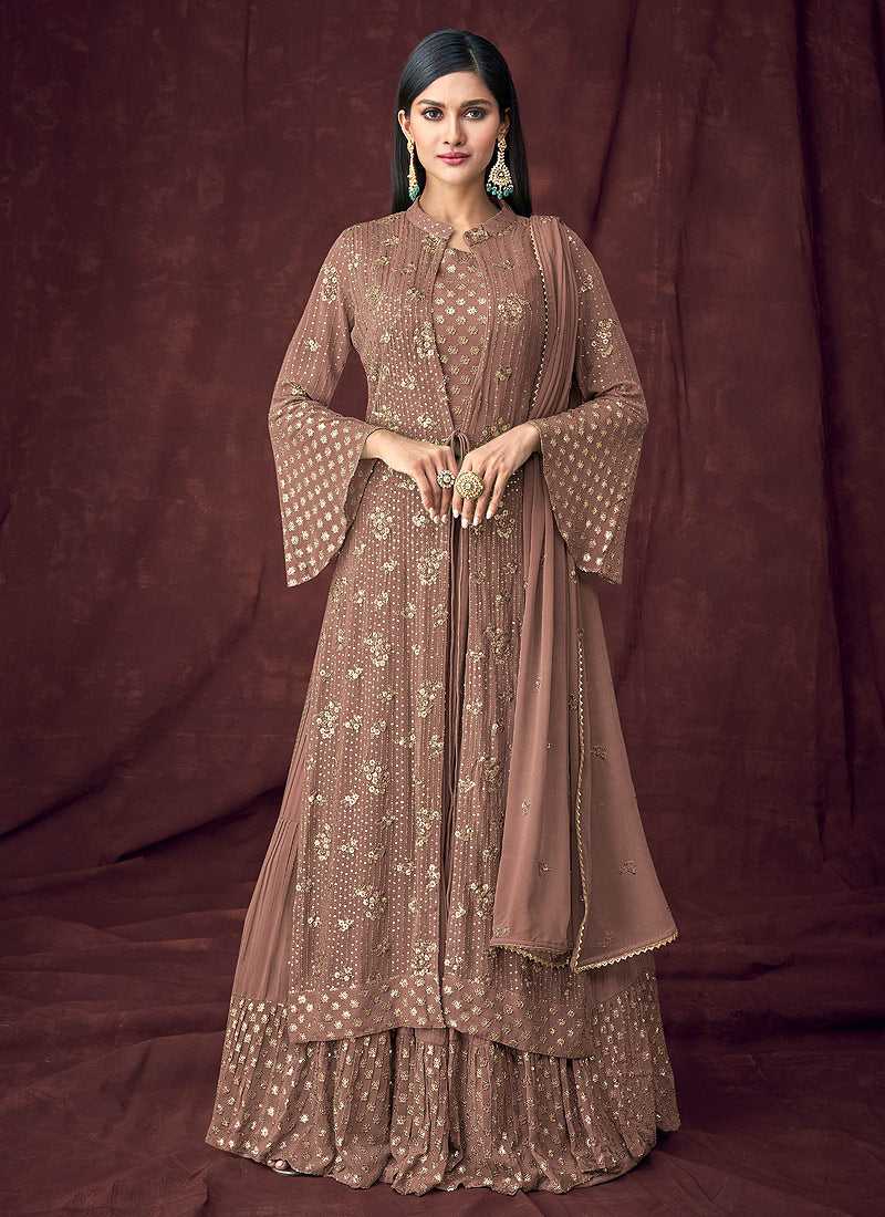 Brown Heavy Embroidered Designer Jacket Style Lehenga fashionandstylish.myshopify.com