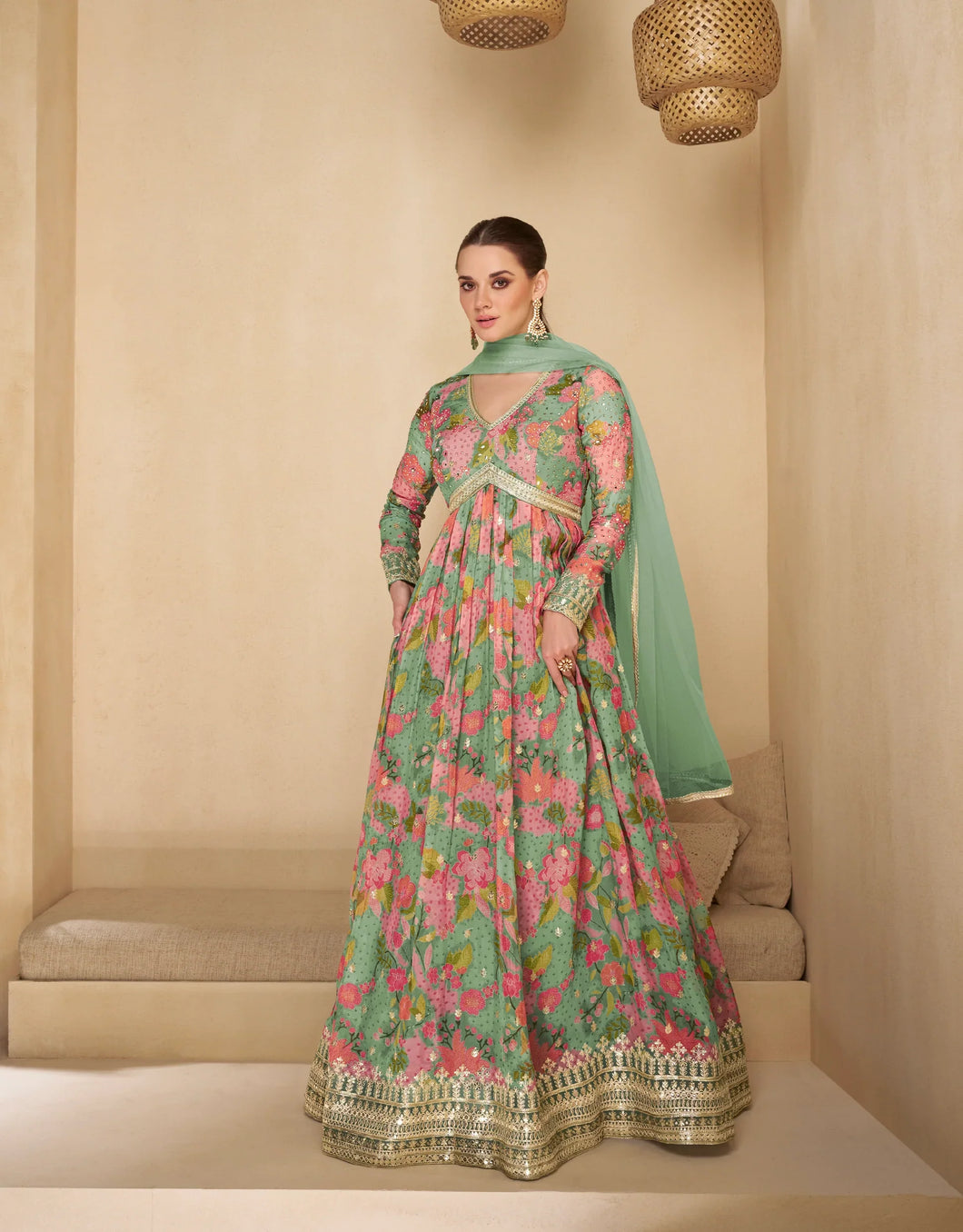 Charming Multicolor Green Floral Embroidered Anarkali