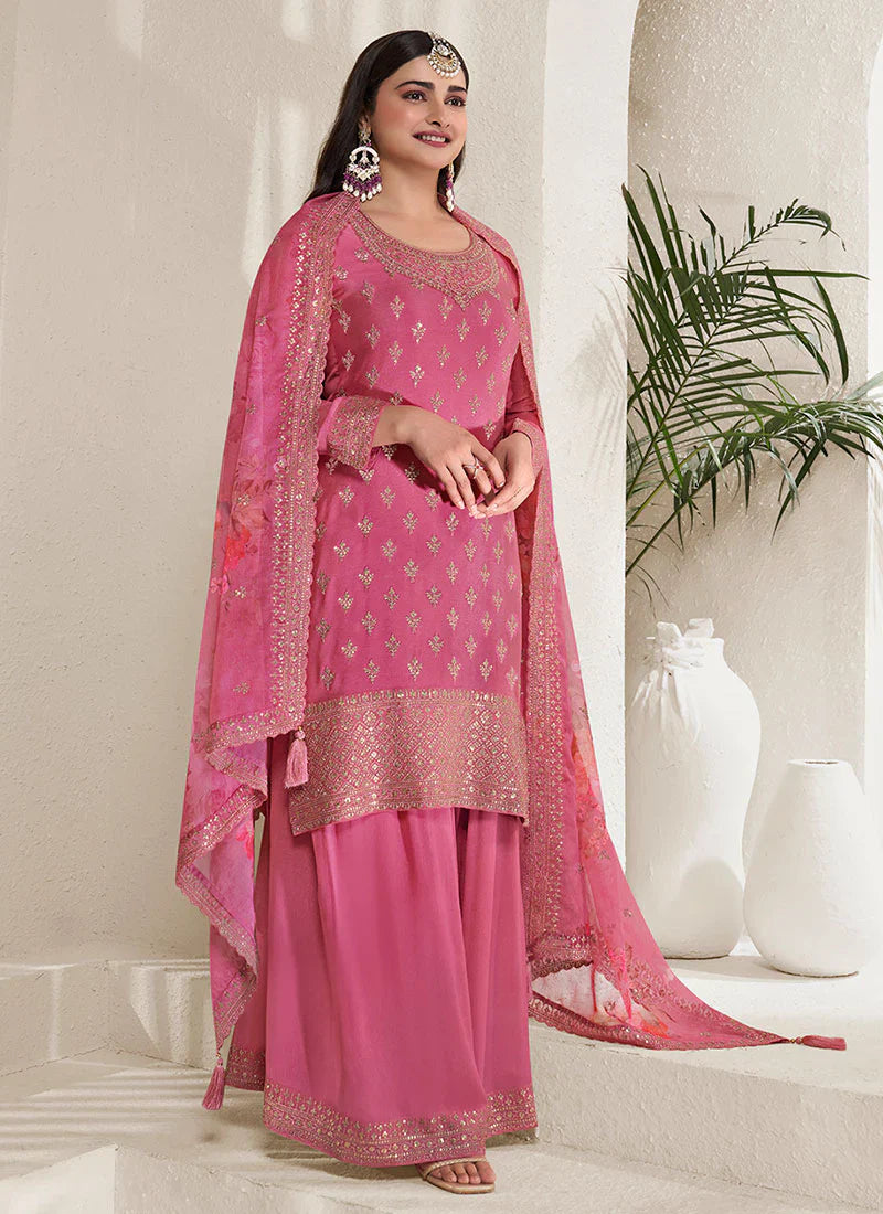 Charming Pink Heavy Embroidered Sharara Suit Pink / Sequin / Chinon