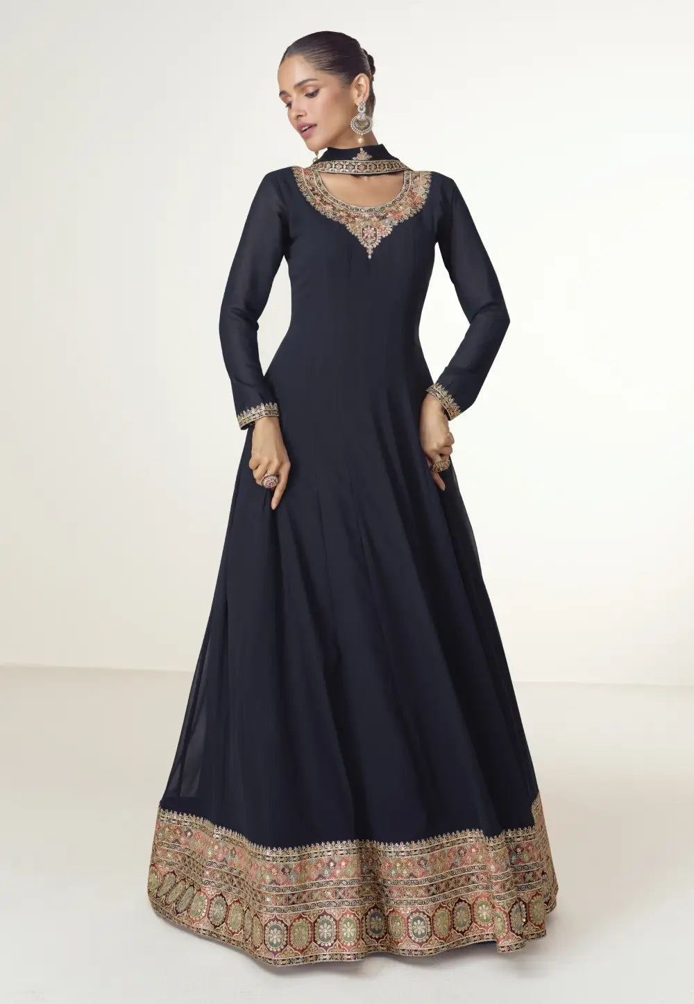 Classic Embroidered Navy Blue Anarkali Gown