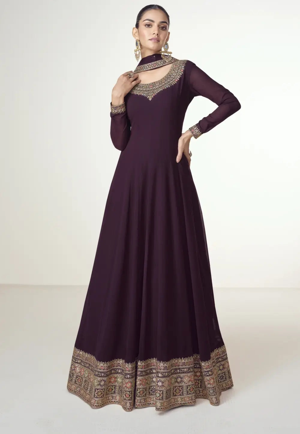 Classic Embroidered Wine Anarkali Gown