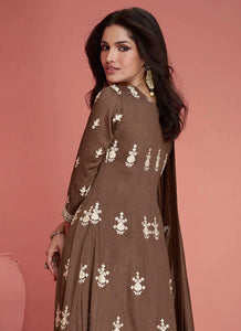 Coffee Brown Silk Embroidered Pant Style Suit