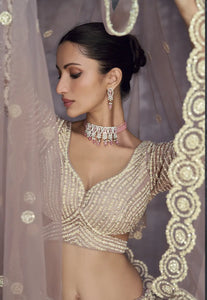 Cream Colour Luxurious Pure Net Handcrafted Lehenga