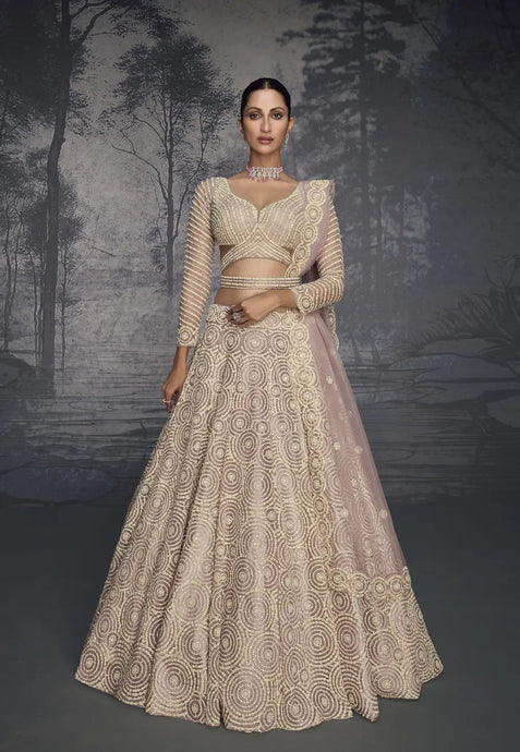 Cream Colour Luxurious Pure Net Handcrafted Lehenga