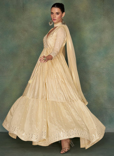 Cream Silk Heavy Embroidered Anarkali Gown