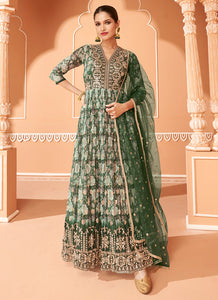 Dark Green Multi Colour Floral Embroidered Anarkali