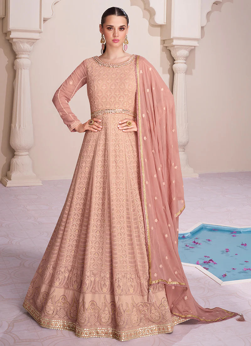 Dark Peach Lucknowi Work Designer Anarkali Suit Indian Anarkali