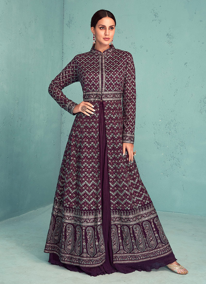 Dark Purple Embroidered Jacket Style Lehenga