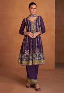 Dream Purple Palazzo Pants with Vibrant Floral Embroidery Suit