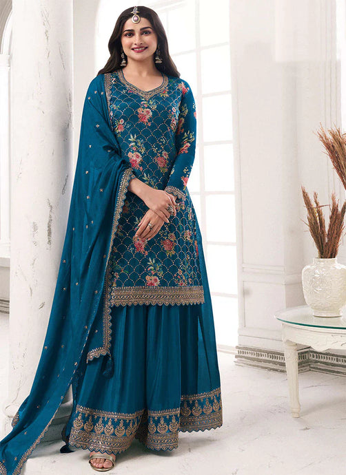 Effortless Blue Embroidered Sharara Style Suit 