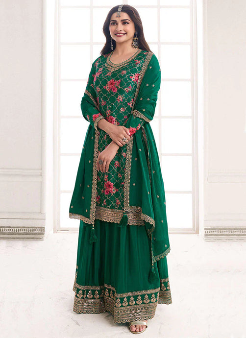 Effortless Green Embroidered Sharara Style Suit