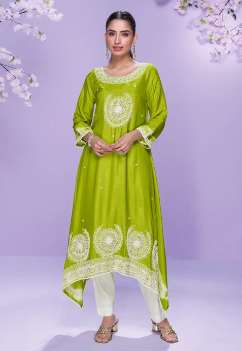 Elegance Embroidered Green Pant Style Suit