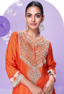 Elegance Embroidered Orange Pant Style Suit