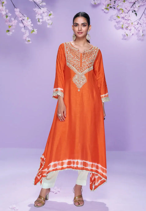 Elegance Embroidered Orange Pant Style Suit