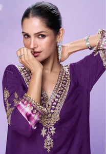 Elegance Embroidered Purple Pant Style Suit