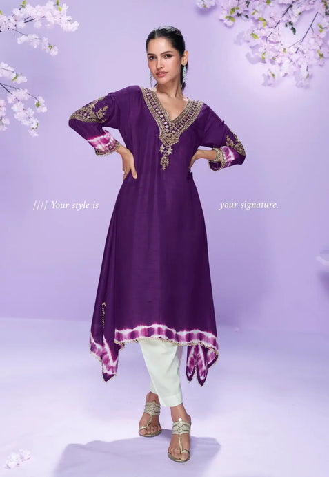 Elegance Embroidered Purple Pant Style Suit