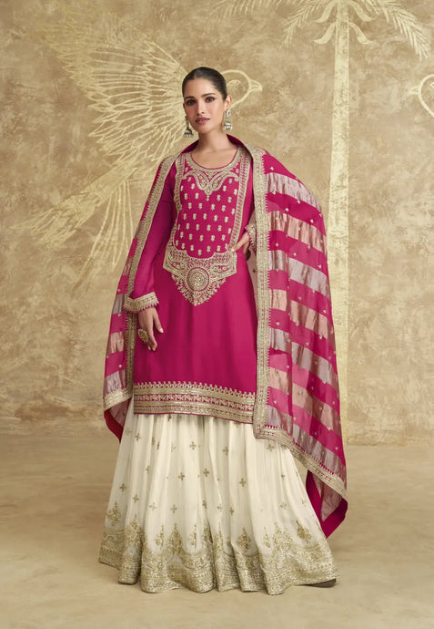 Elegant Crimson Pink Embroidered Gharara Suit