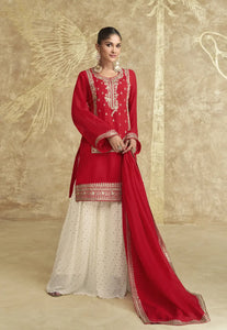 Elegant Crimson Red Embroidered Gharara Suit