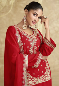 Elegant Crimson Red Embroidered Gharara Suit