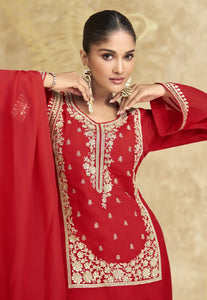 Elegant Crimson Red Embroidered Gharara Suit