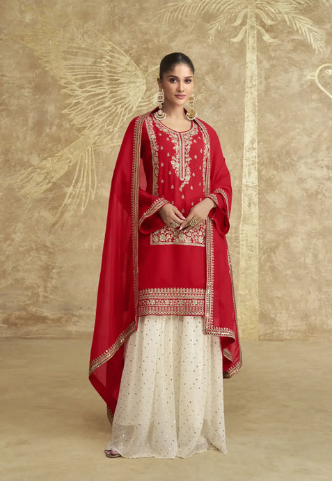 Elegant Crimson Red Embroidered Gharara Suit