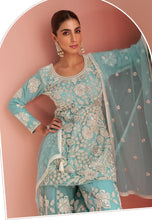 Load image into Gallery viewer, Elegant Embriodered Partywear Aqua Blue Sharara Set
