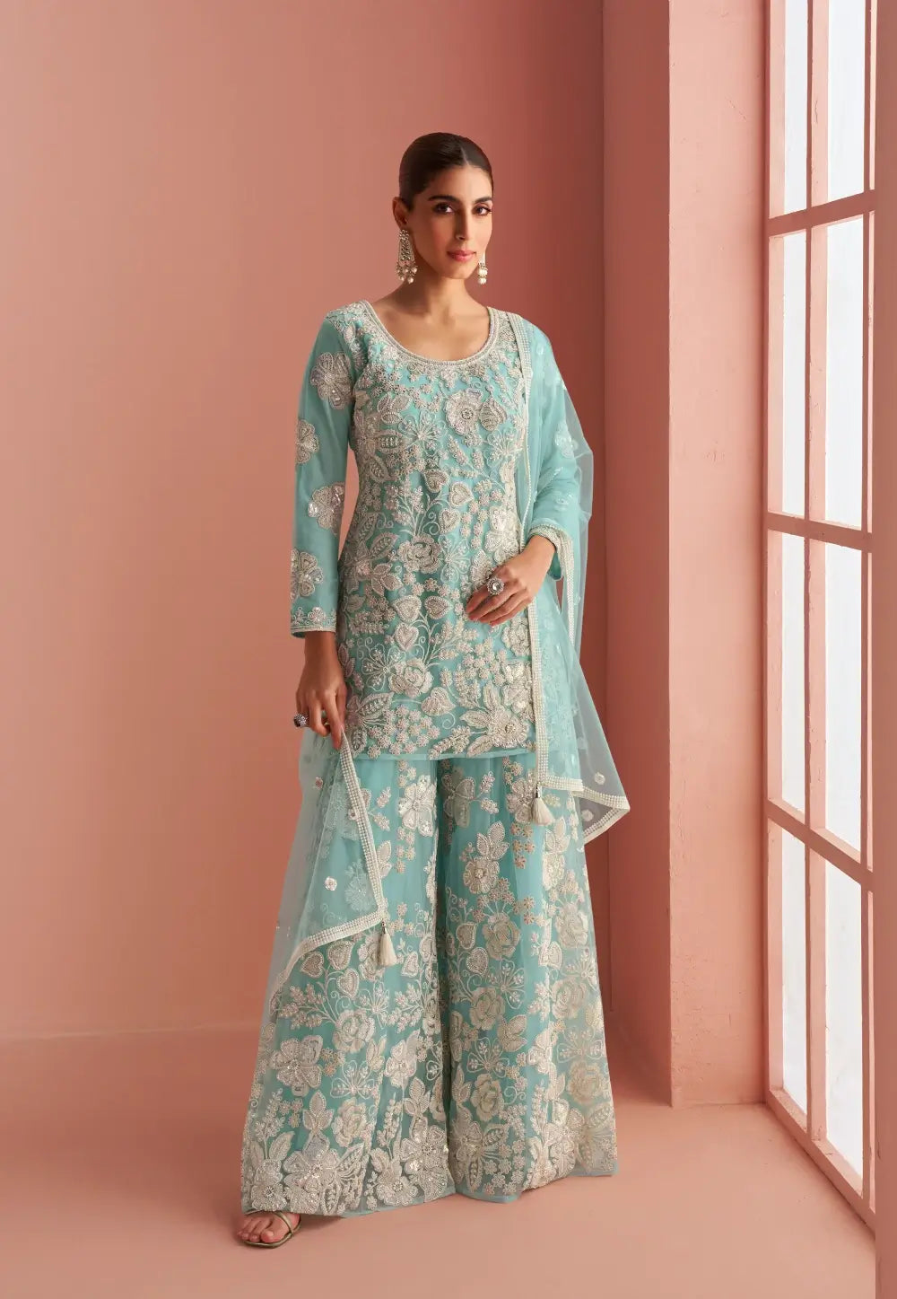 Elegant Embriodered Partywear Aqua Blue Sharara Set