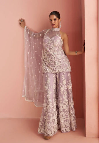 Elegant Embriodered Partywear Lilac Sharara Set