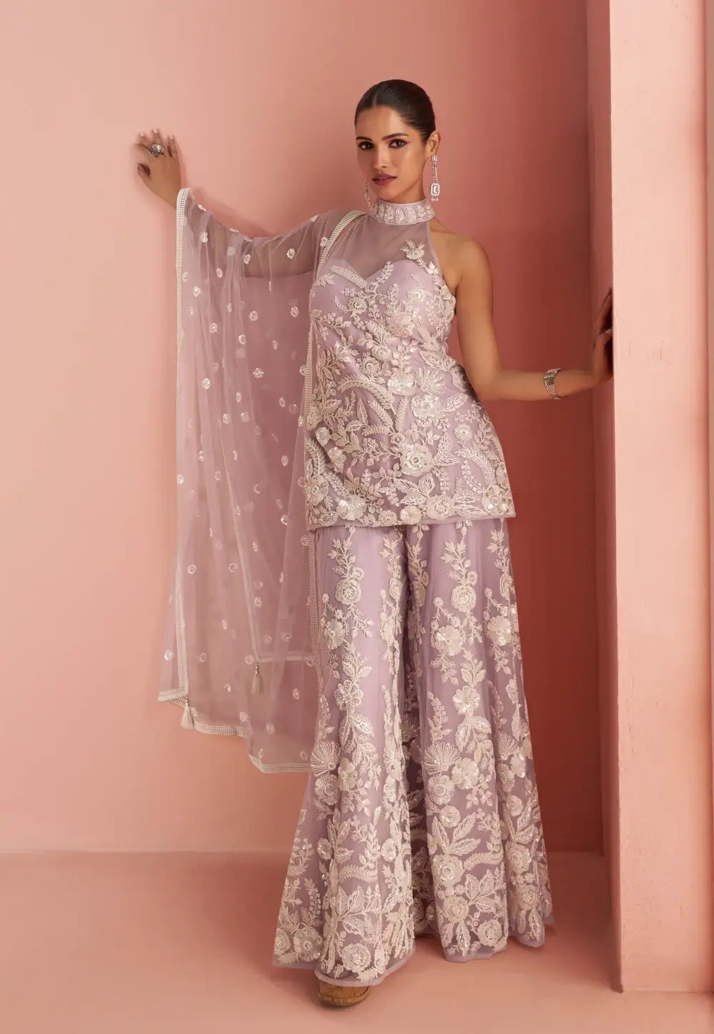 Elegant Embriodered Partywear Lilac Sharara Set