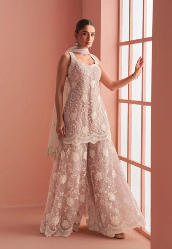 Elegant Embriodered Partywear Pastel Pink Sharara Set