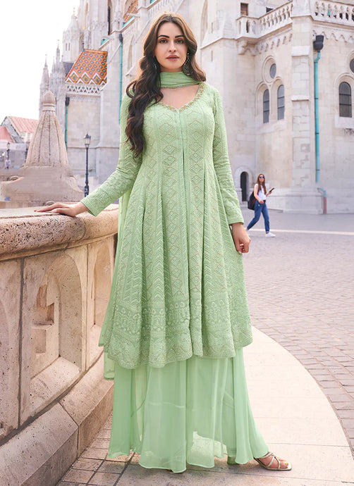 Elegant Green Embroidered Sharara Style Suit