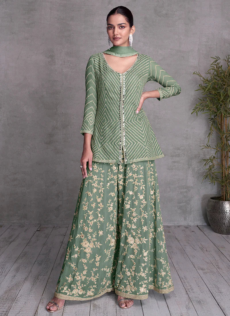 Elegant Green Embroidered Sharara Suit