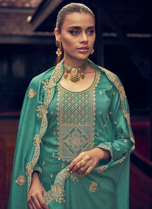 Elegant Green Embroidered Straight Pant Suit