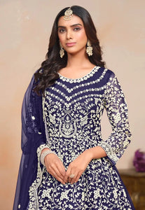 Elegant Navy Blue Embroidered Anarkali Gown