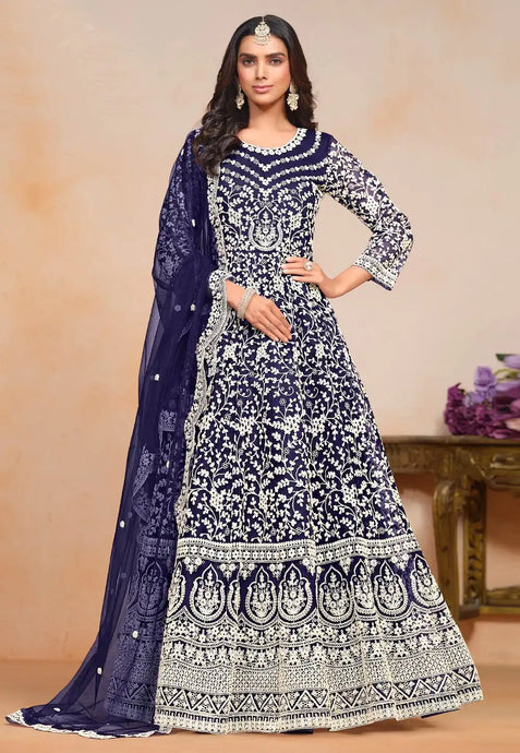 Elegant Navy Blue Embroidered Anarkali Gown