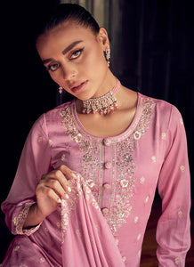 Elegant Pink Embroidered Straight Pant Suit