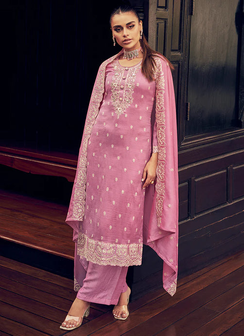 Elegant Pink Embroidered Straight Pant Suit