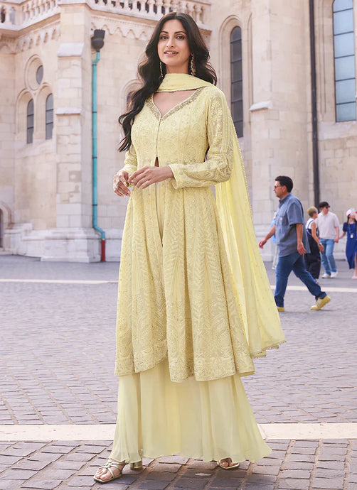 Elegant Yellow Embroidered Sharara Style Suit