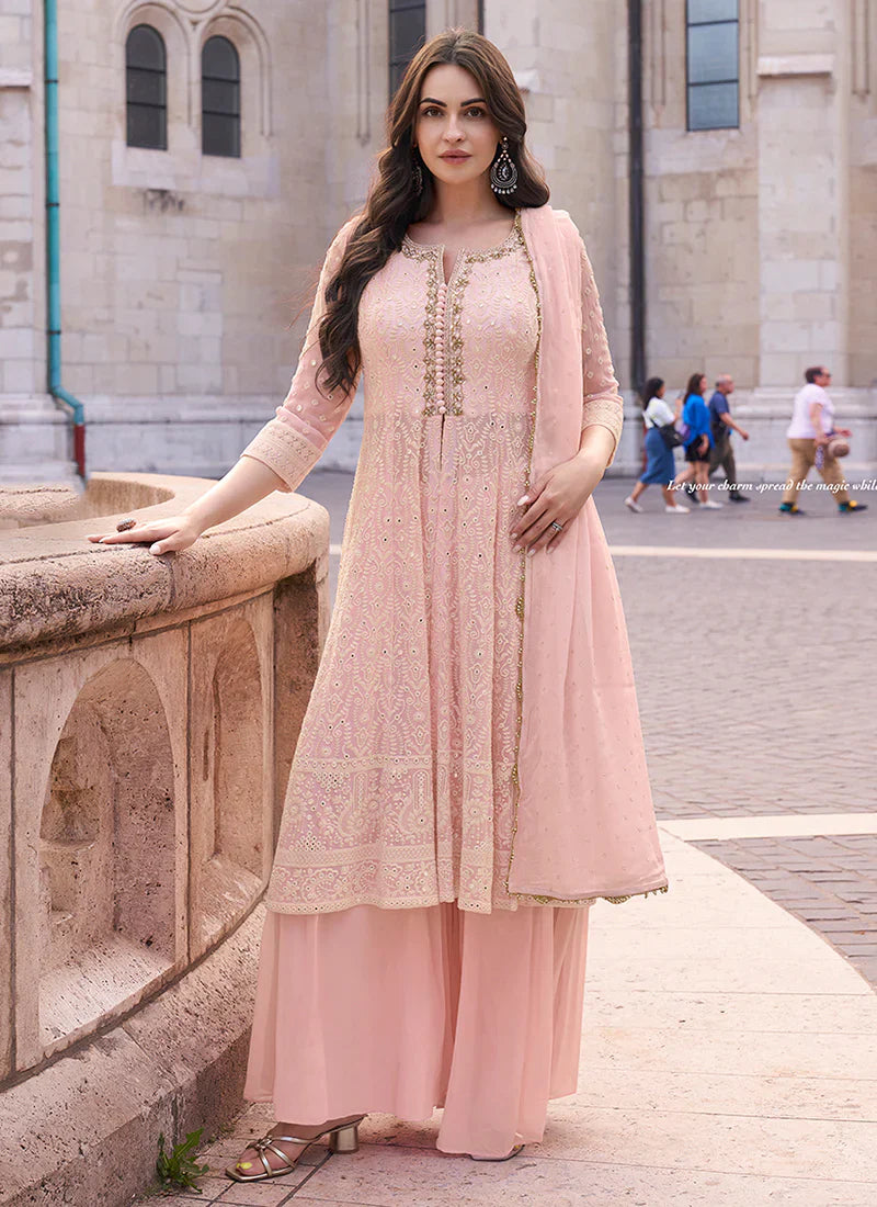 Elegant Pink Embroidered Sharara Style Suit