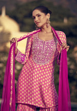 Load image into Gallery viewer, Embroidered Dark Pink Palazzo Suit with Modern Flair
