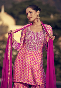 Embroidered Dark Pink Palazzo Suit with Modern Flair